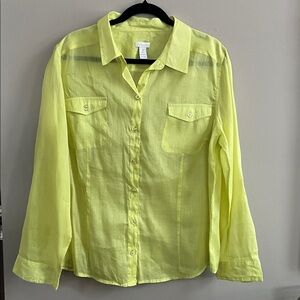 Chicos neon yellow ramie cotton button down shirt size 3 as or xl